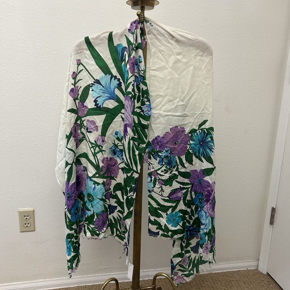 NWT Talbots white lightweight scarf blue/purple/green botanical / floral print